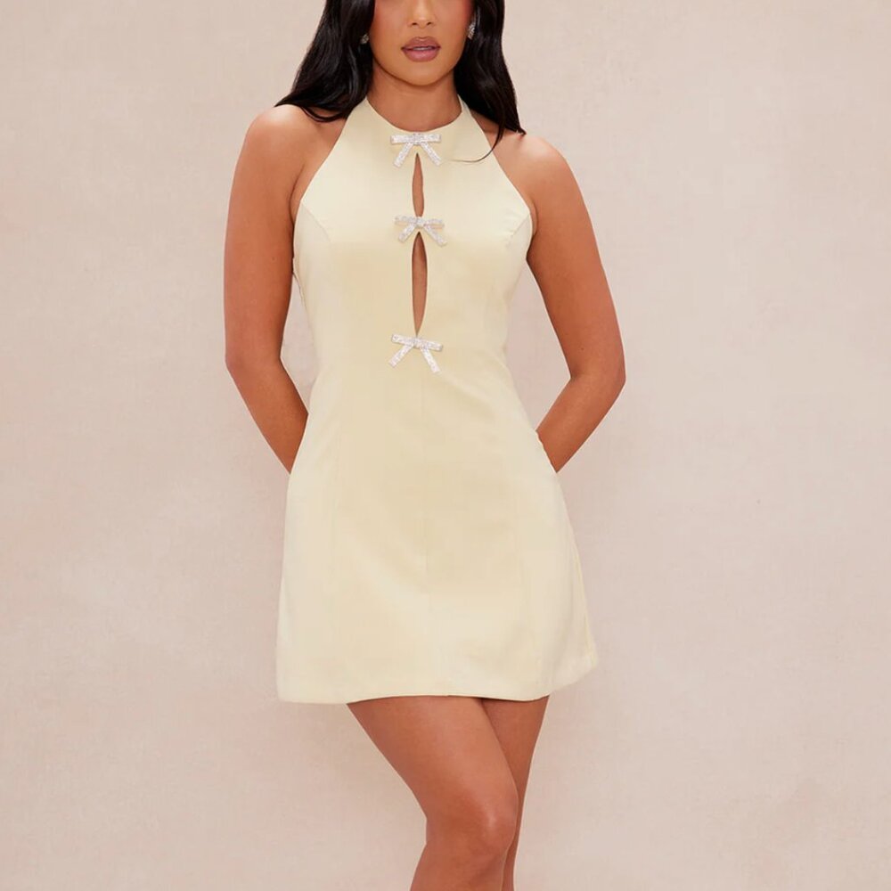 Fashion Nova Yellow Melania Embellished Mini Dress - Size L